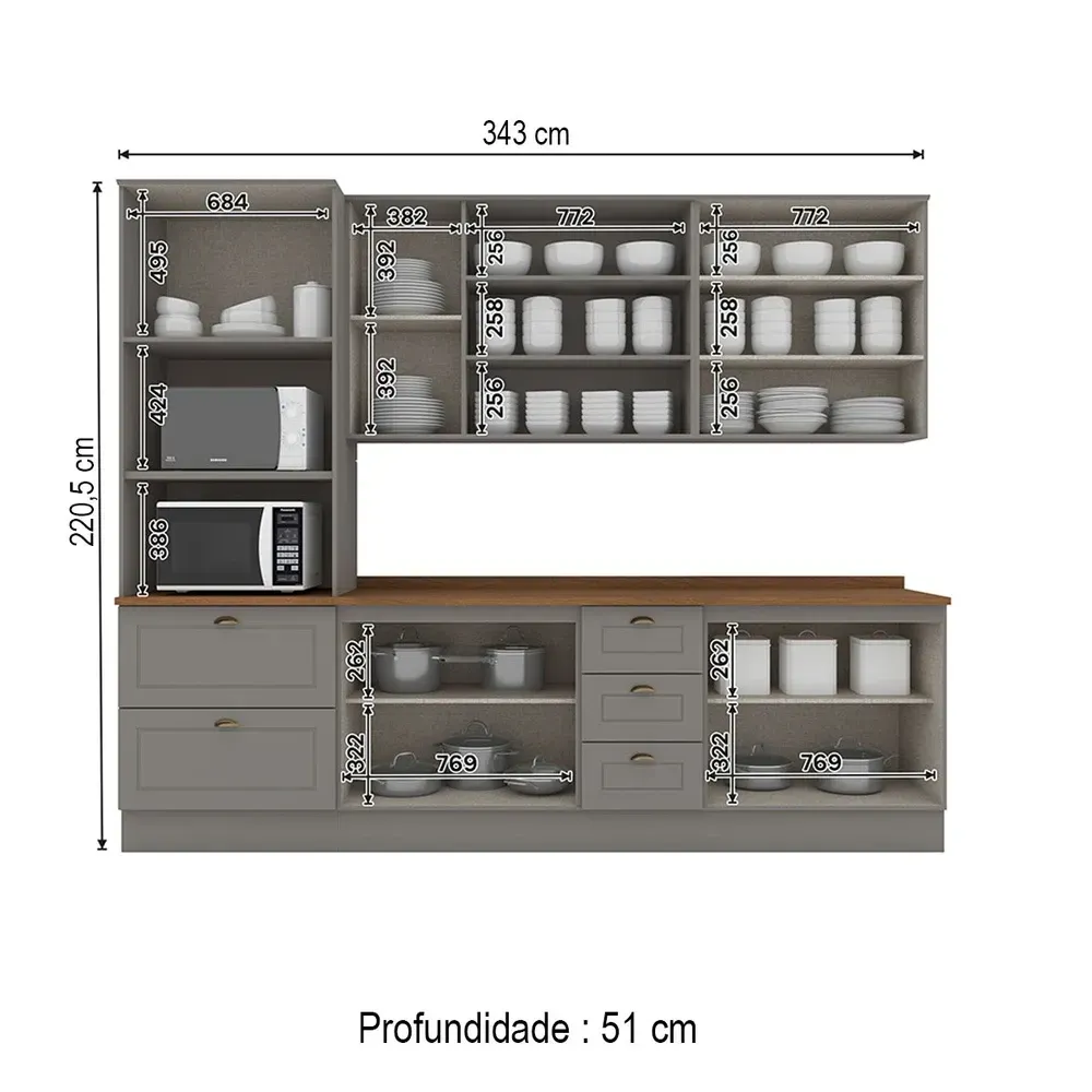 Armário de Cozinha Completa Americana 11 Portas 5 Gavetas com Vidro 100% MDF Cinza/Nature - Henn - 3