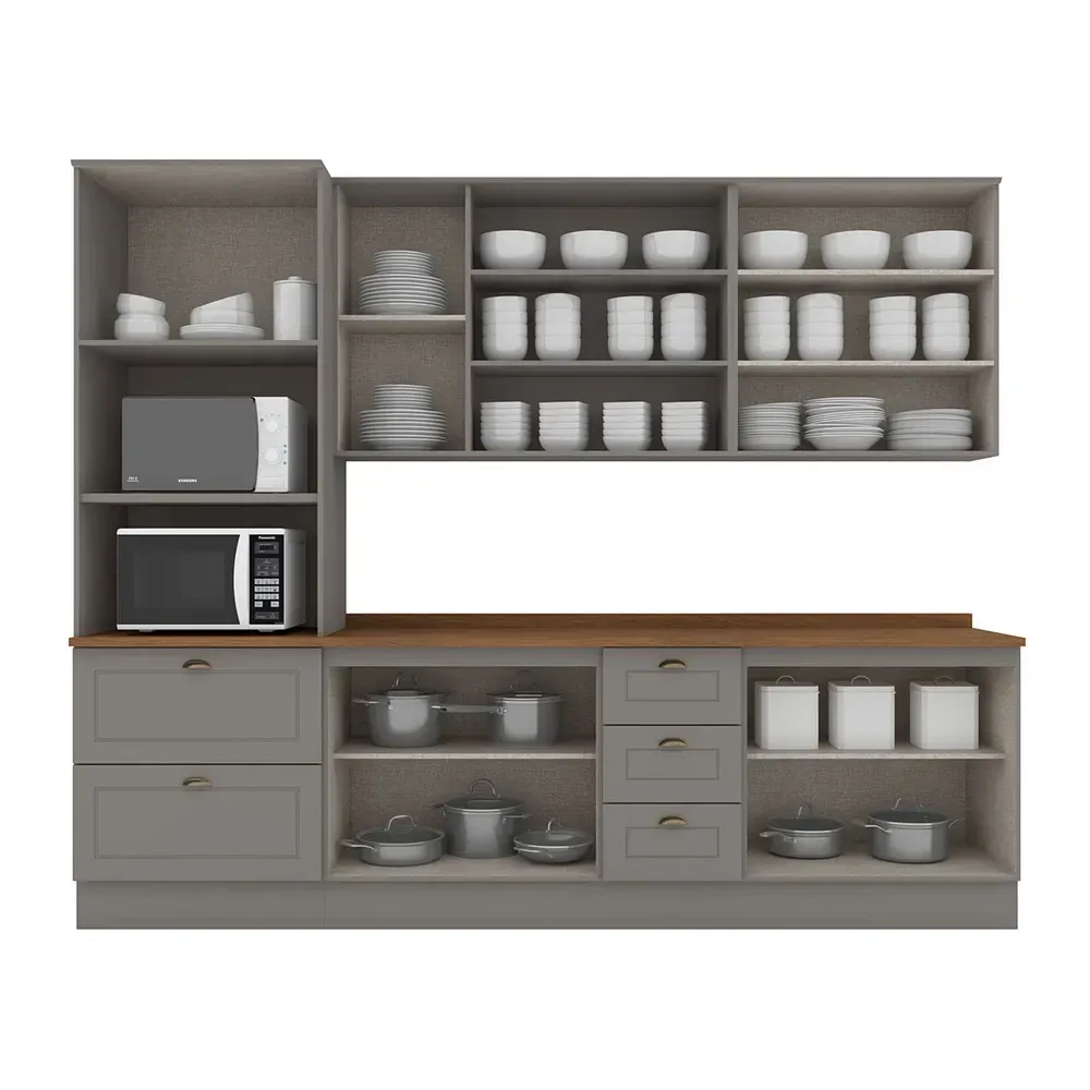 Armário de Cozinha Completa Americana 11 Portas 5 Gavetas com Vidro 100% MDF Cinza/Nature - Henn - 2