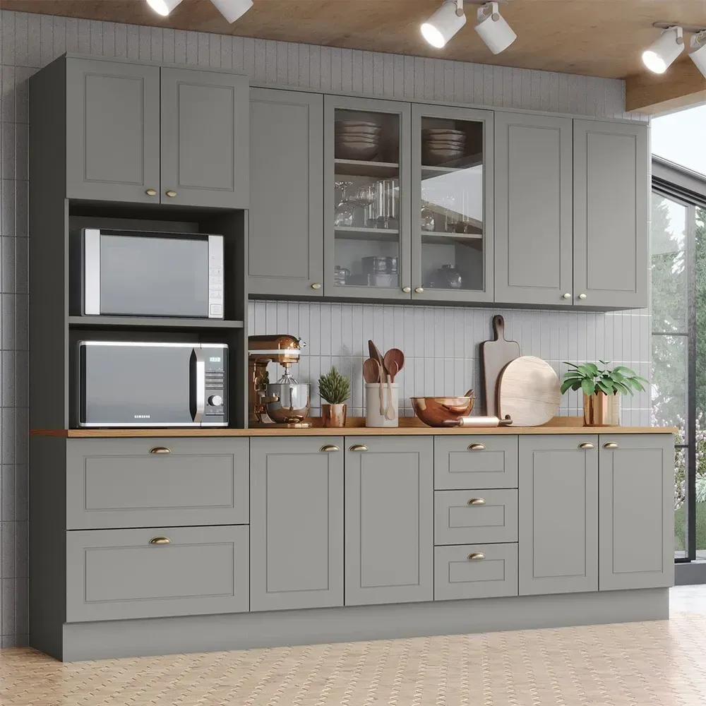 Armário de Cozinha Completa Americana 11 Portas 5 Gavetas com Vidro 100% MDF Cinza/Nature - Henn - 1