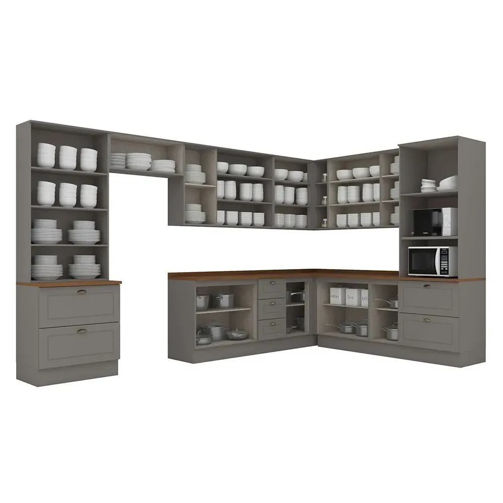 Armário de Cozinha Completa Americana 18 Portas 7 Gavetas com Vidro 100% MDF Cinza/Nature - Henn - 2