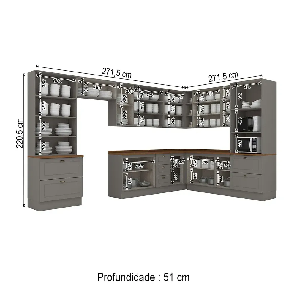 Armário de Cozinha Completa Americana 18 Portas 7 Gavetas com Vidro 100% MDF Cinza/Nature - Henn - 3