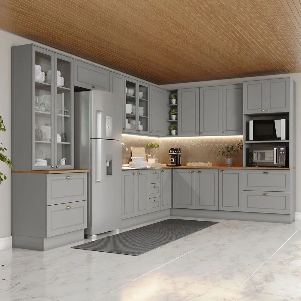 Armário de Cozinha Completa Americana 18 Portas 7 Gavetas com Vidro 100% MDF Cinza/Nature - Henn - 1