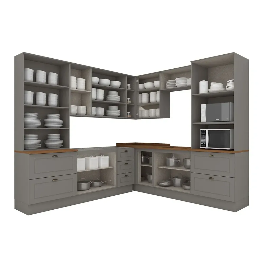 Armário de Cozinha Completa Americana 14 Portas 7 Gavetas com Vidro 100% MDF Cinza/Nature - Henn - 2
