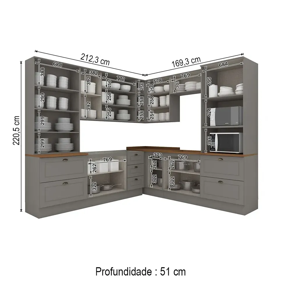Armário de Cozinha Completa Americana 14 Portas 7 Gavetas com Vidro 100% MDF Cinza/Nature - Henn - 3