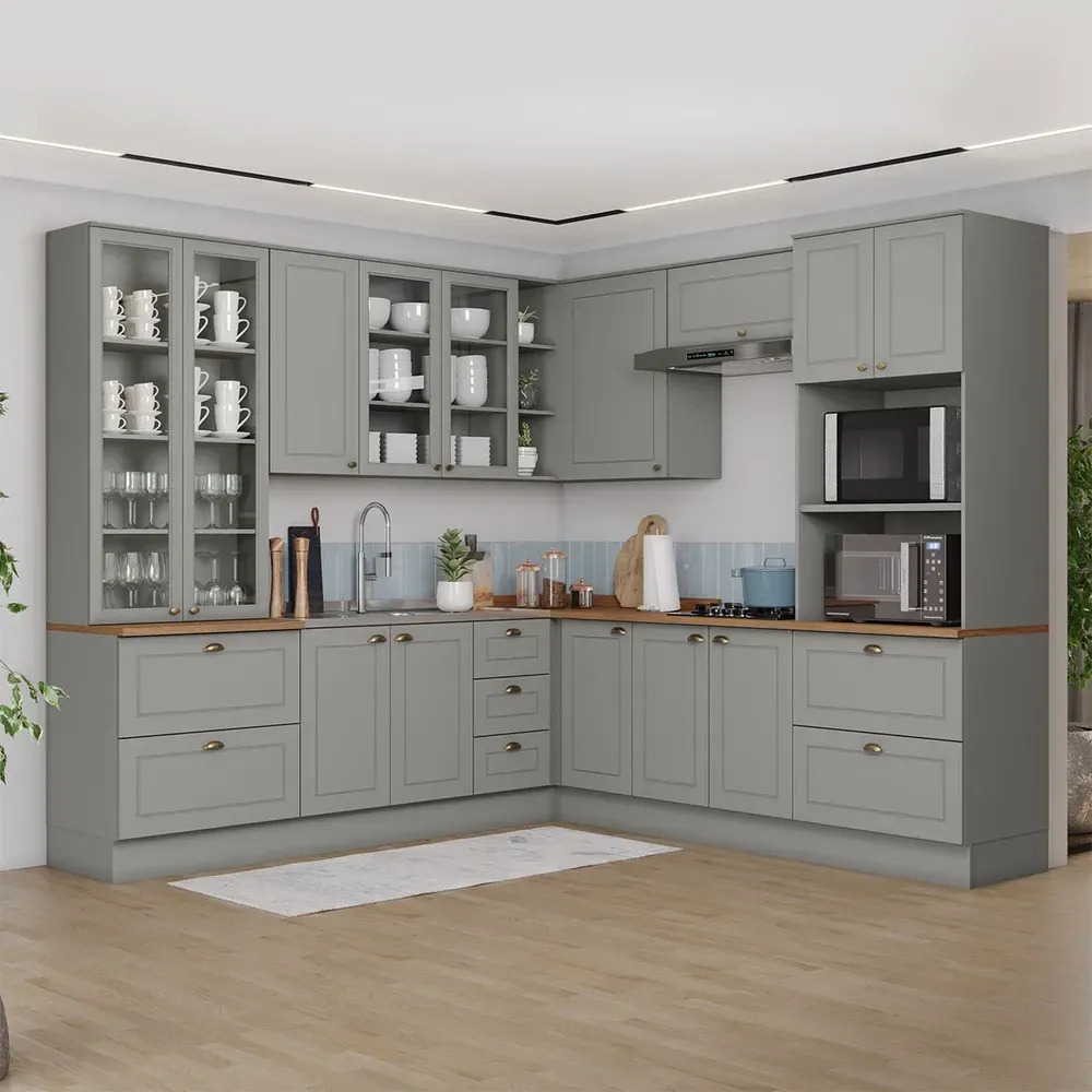 Armário de Cozinha Completa Americana 14 Portas 7 Gavetas com Vidro 100% MDF Cinza/Nature - Henn - 1