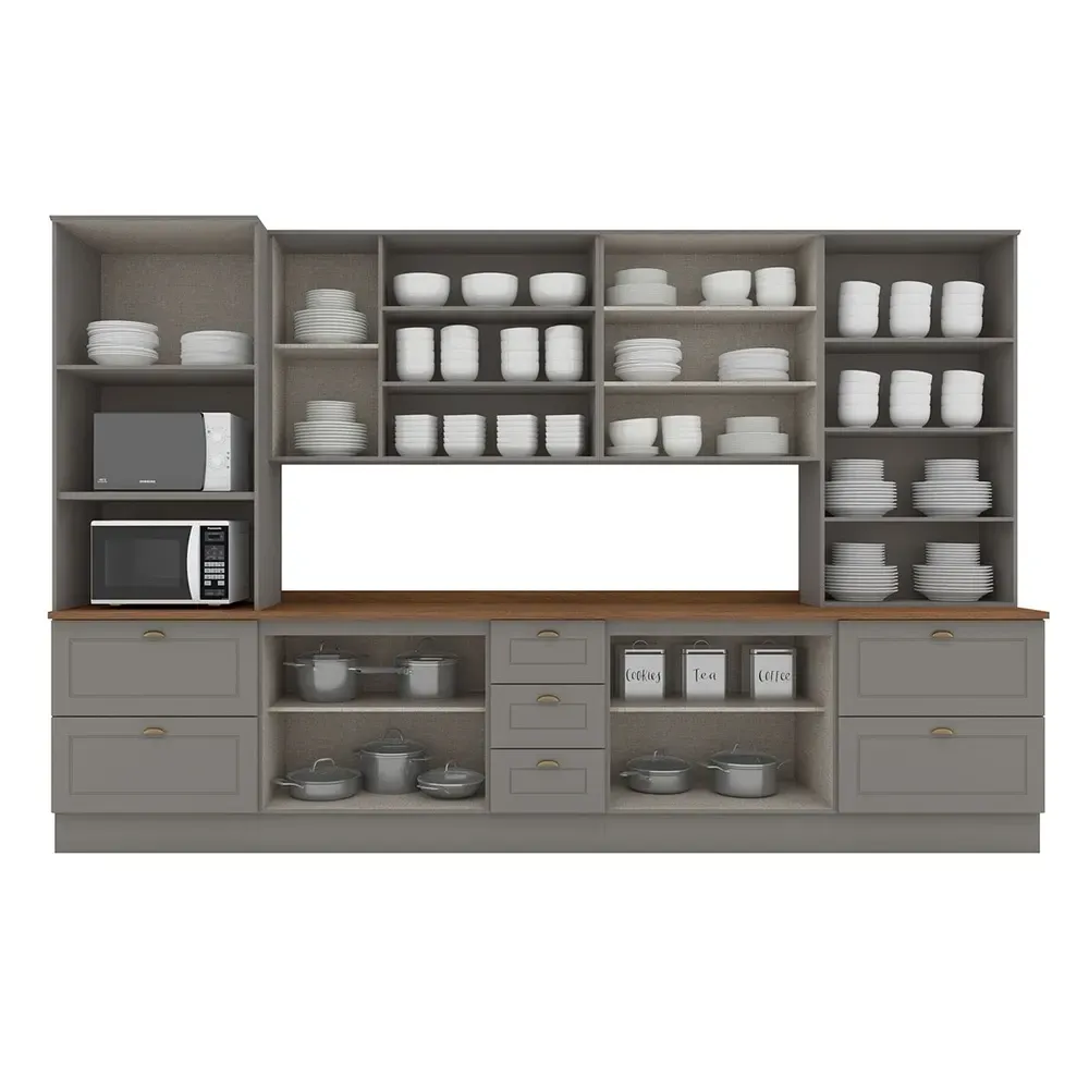 Armário de Cozinha Completa Americana 13 Portas 7 Gavetas com Vidro 100% MDF Cinza/Nature - Henn - 2