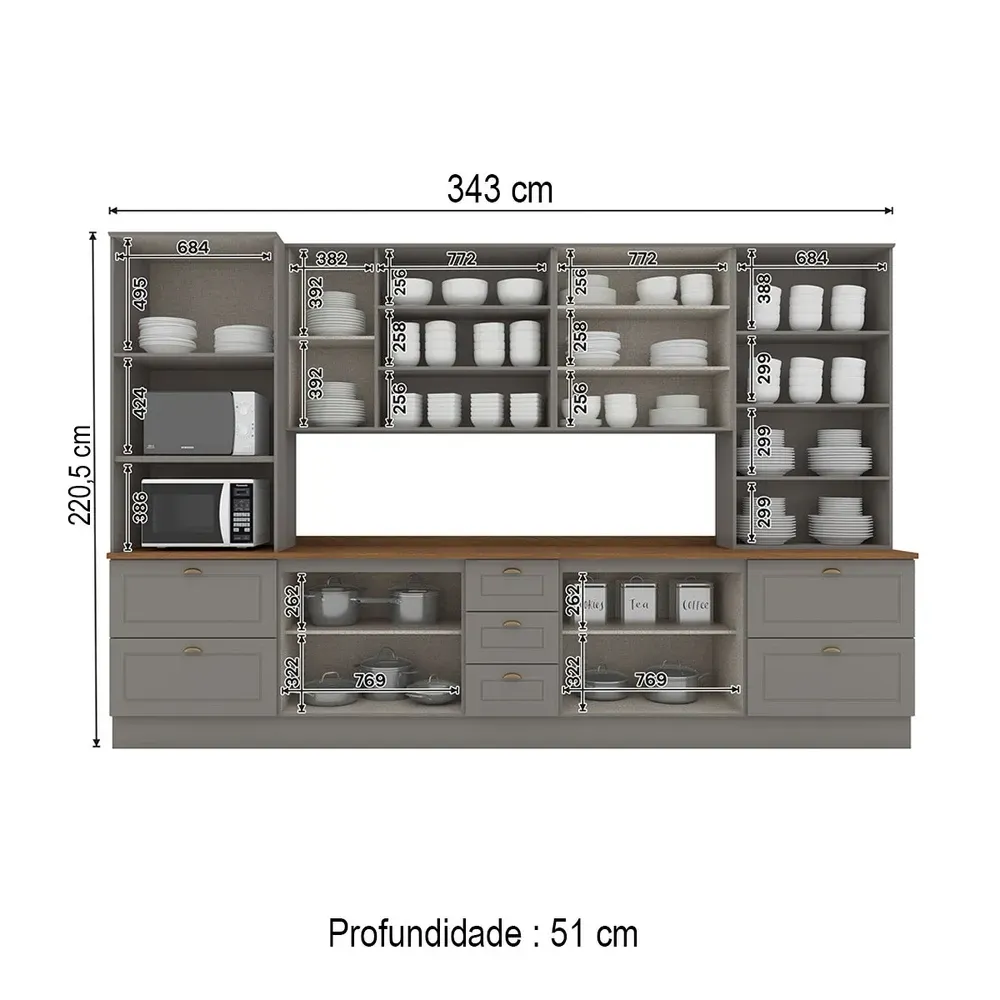 Armário de Cozinha Completa Americana 13 Portas 7 Gavetas com Vidro 100% MDF Cinza/Nature - Henn - 3