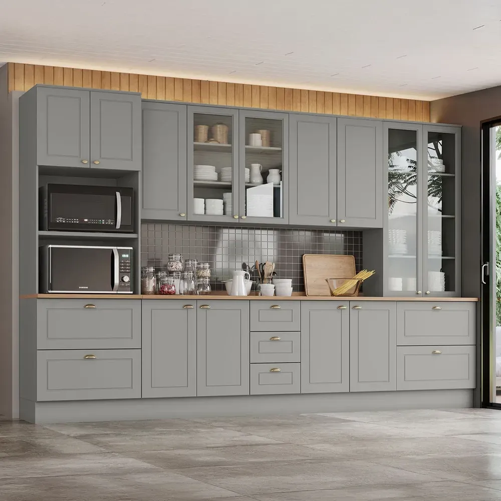 Armário de Cozinha Completa Americana 13 Portas 7 Gavetas com Vidro 100% MDF Cinza/Nature - Henn - 1