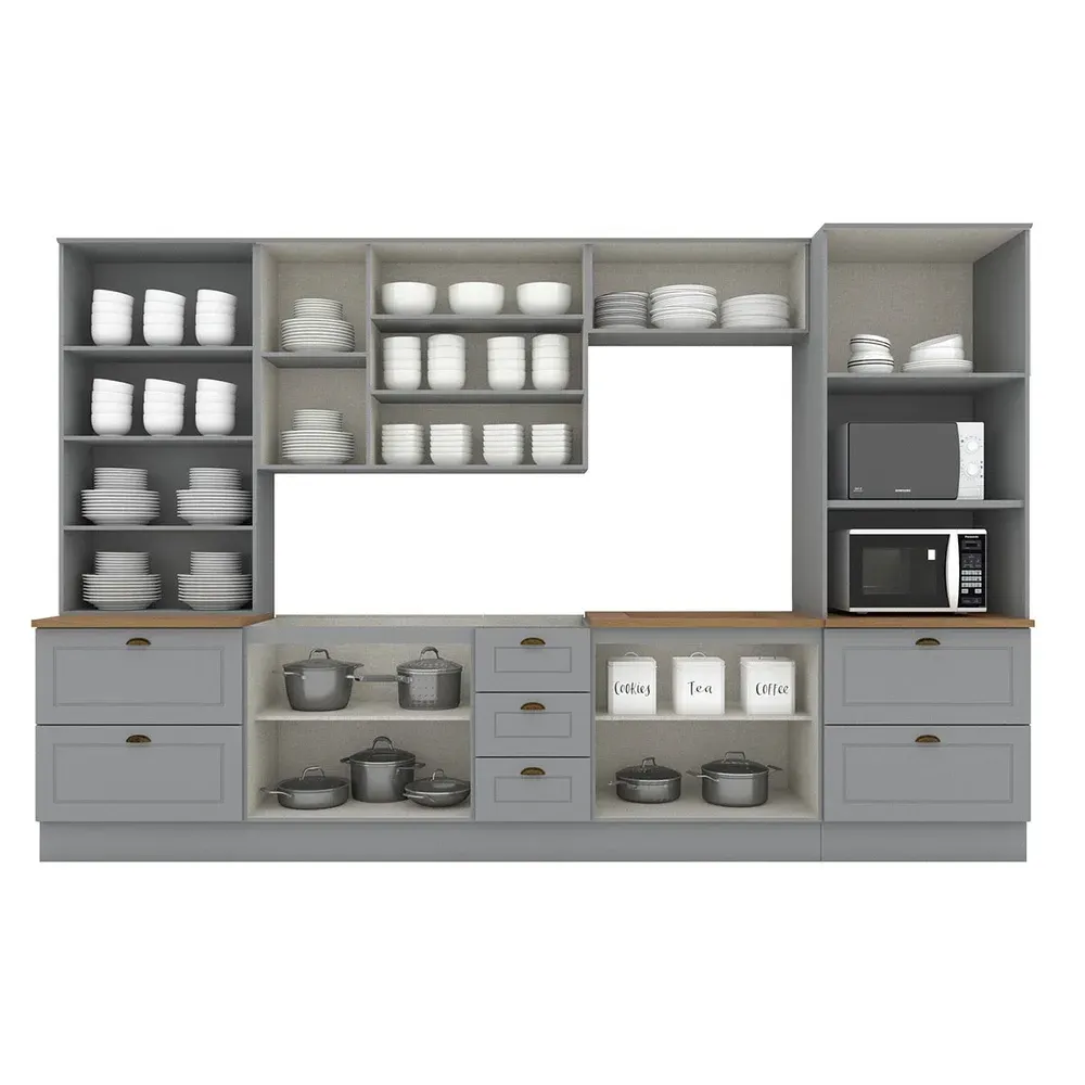 Armário de Cozinha Completa Americana 12 Portas 7 Gavetas com Vidro 100% MDF Cinza/Nature - Henn - 2