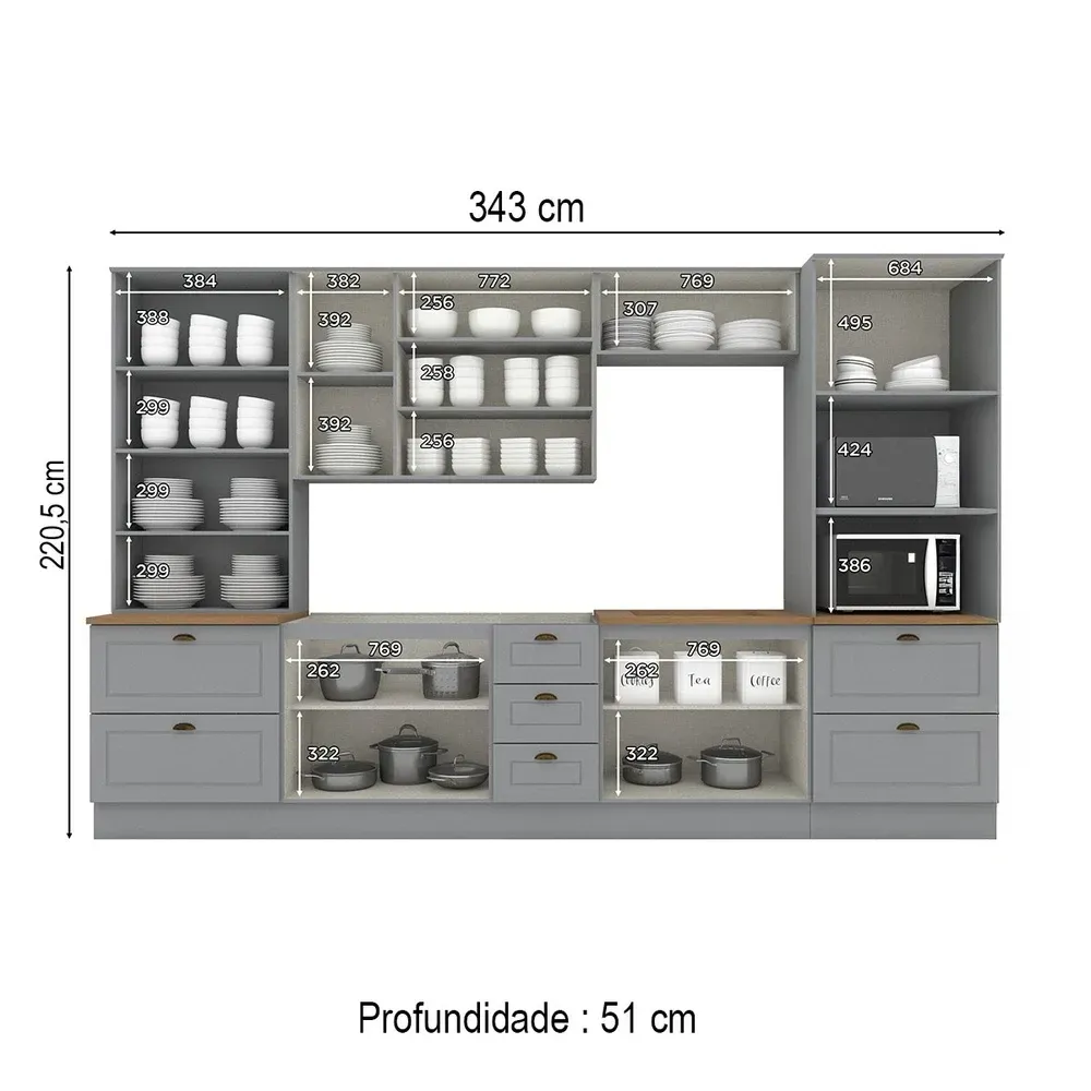 Armário de Cozinha Completa Americana 12 Portas 7 Gavetas com Vidro 100% MDF Cinza/Nature - Henn - 3