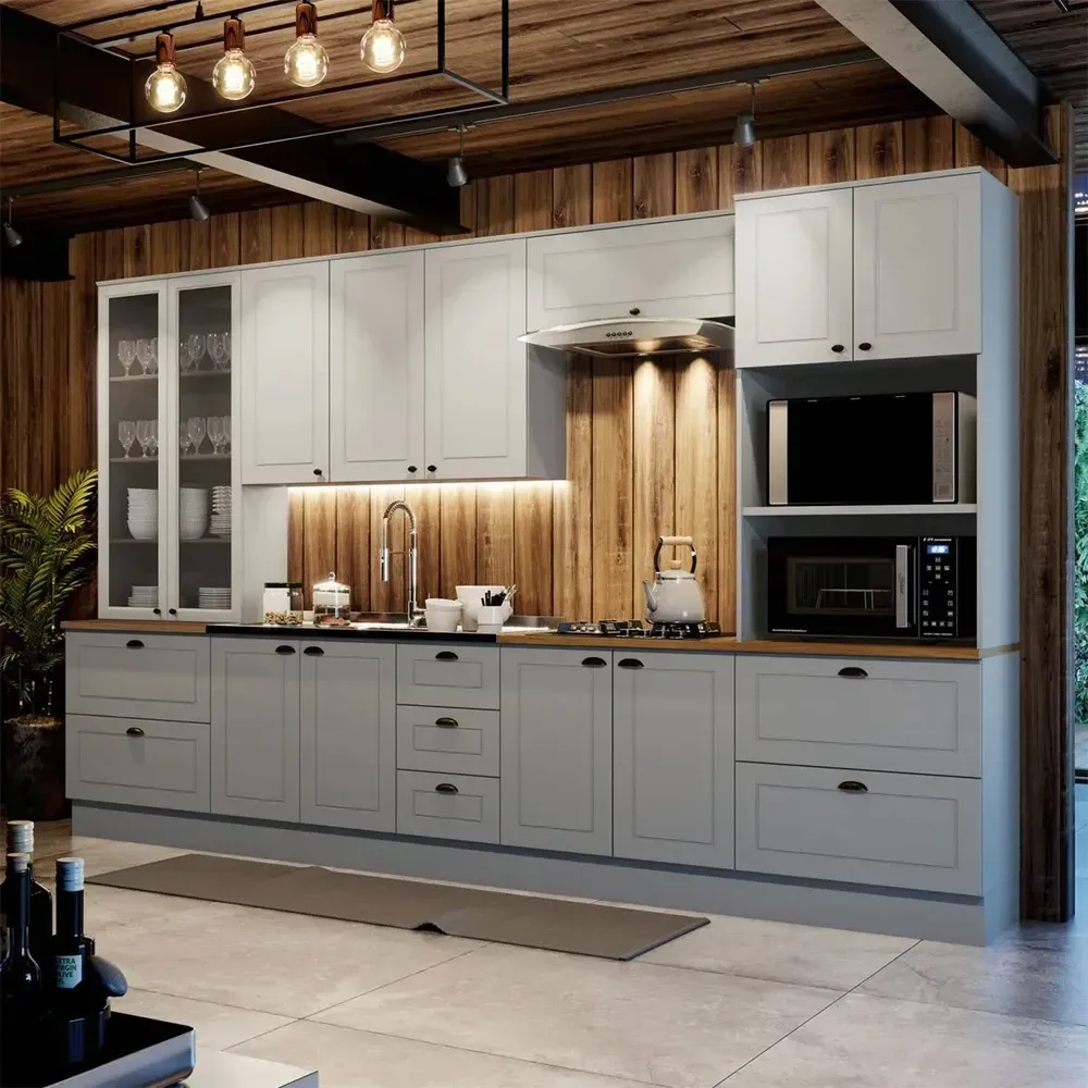 Armário de Cozinha Completa Americana 12 Portas 7 Gavetas com Vidro 100% MDF Cinza/Nature - Henn - 1