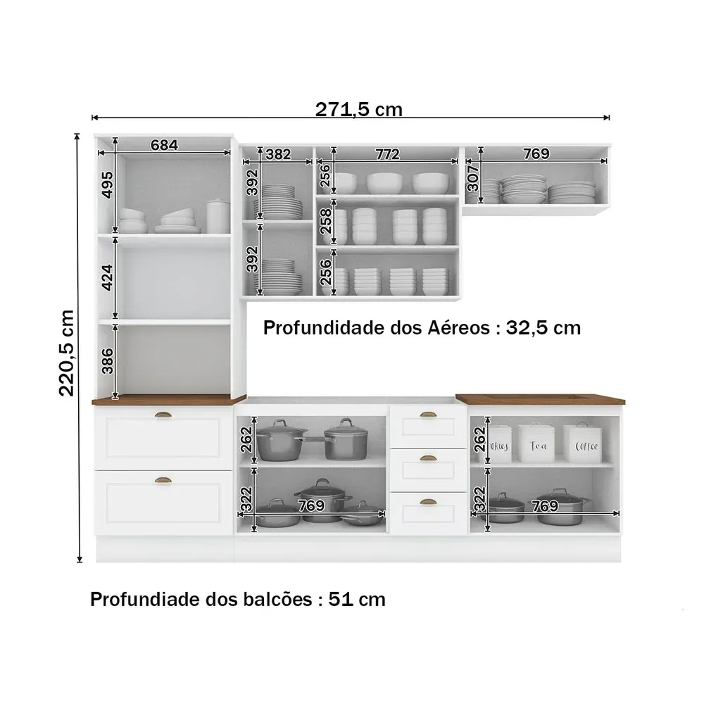 Armário de Cozinha Completa Americana 10 Portas 5 Gavetas 100% MDF Branco/Nature - Henn - 3