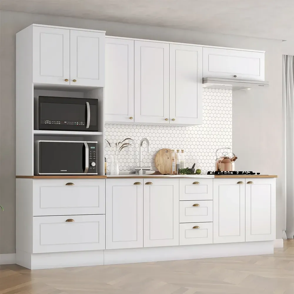 Armário de Cozinha Completa Americana 10 Portas 5 Gavetas 100% MDF Branco/Nature - Henn - 1