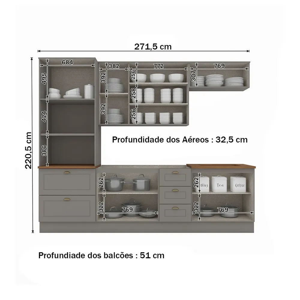 Armário de Cozinha Completa Americana 10 Portas 5 Gavetas 100% MDF Cinza/Nature - Henn - 3