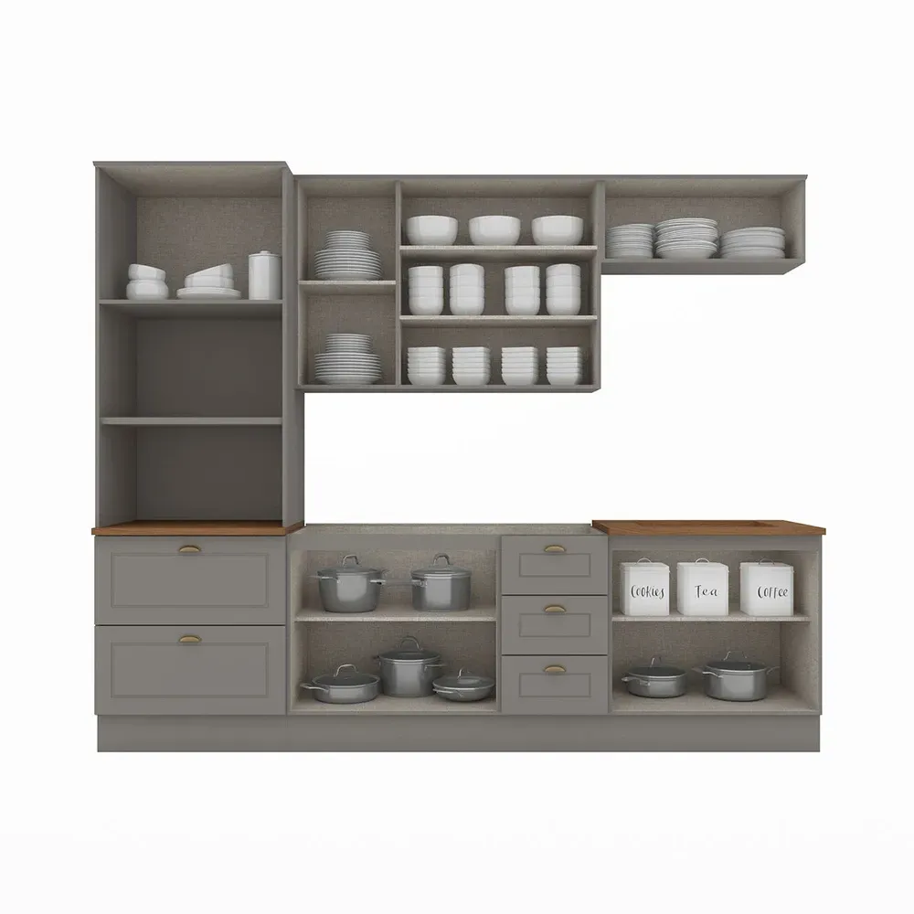 Armário de Cozinha Completa Americana 10 Portas 5 Gavetas 100% MDF Cinza/Nature - Henn - 2