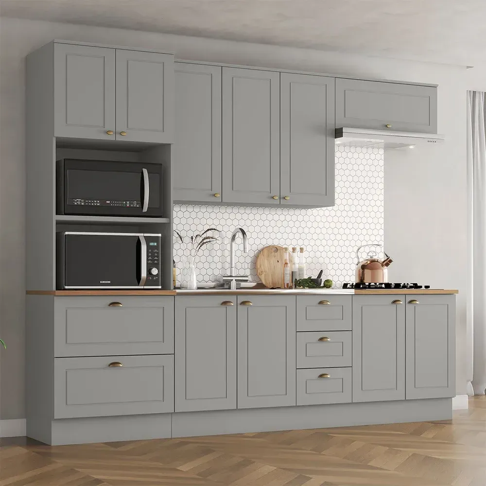 Armário de Cozinha Completa Americana 10 Portas 5 Gavetas 100% MDF Cinza/Nature - Henn - 1
