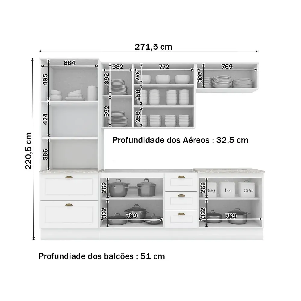 Armário de Cozinha Completa Americana 10 Portas 5 Gavetas 100% MDF Branco/Calcare - Henn - 3