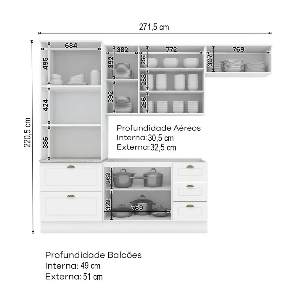 Armário de Cozinha Completa 4 Peças com Torre Quente Americana 100% MDF Branco - 3