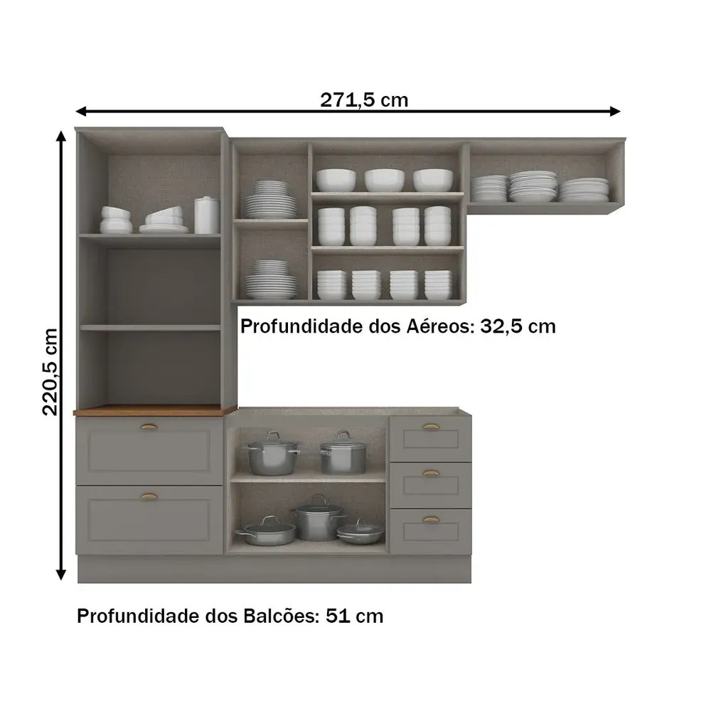 Armário de Cozinha Completa Americana 8 Portas 5 Gavetas Cinza - Henn - 3