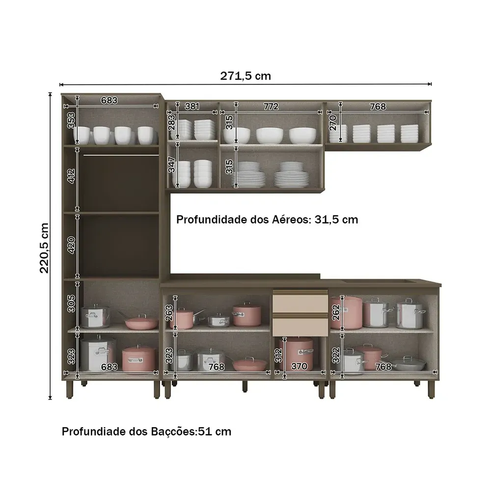 Armário de Cozinha Completa Connect 12 Portas 2 Gavetas Duna/Cristal - Henn - 3