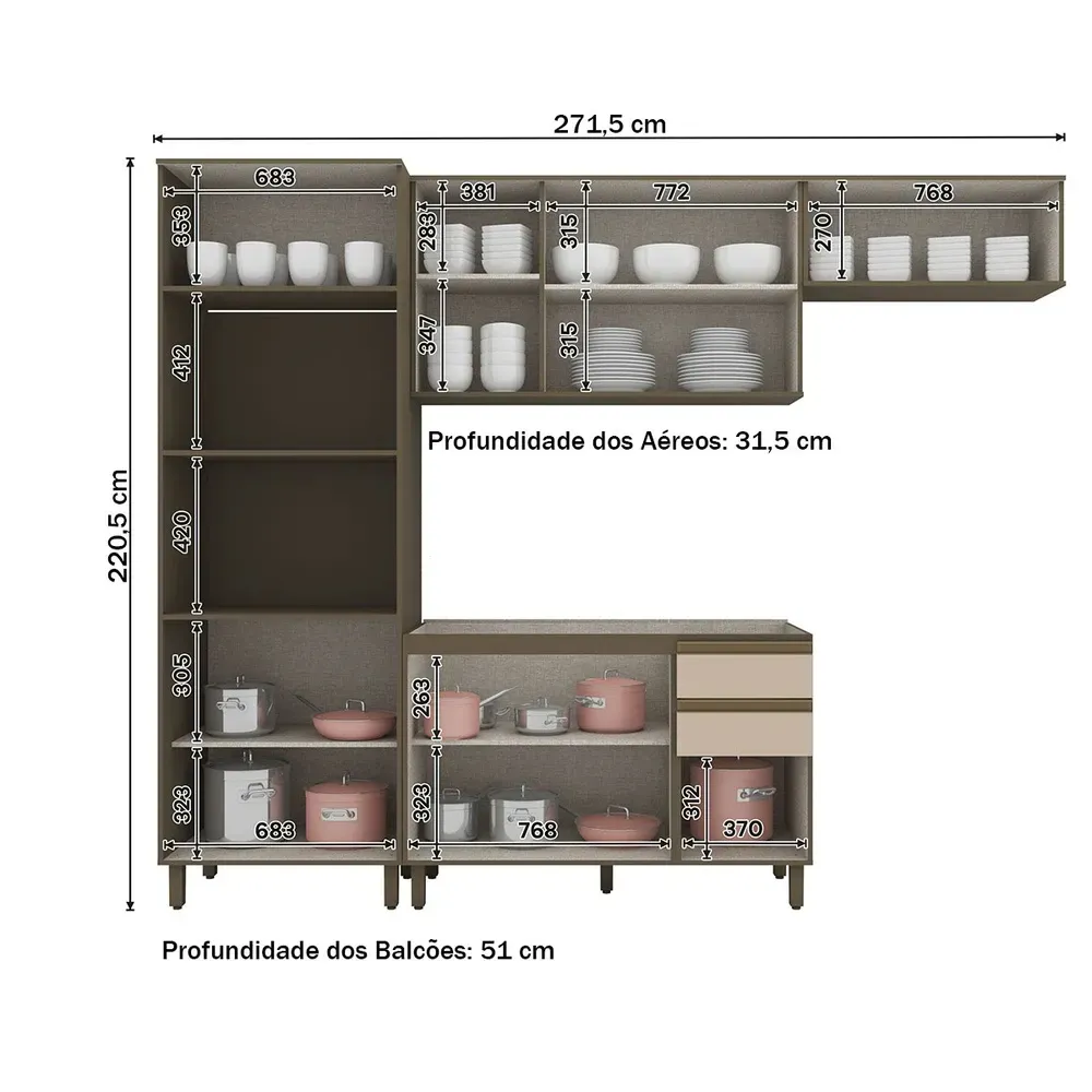 Armário de Cozinha Completa Connect 10 Portas 2 Gavetas Duna/Cristal - Henn - 3