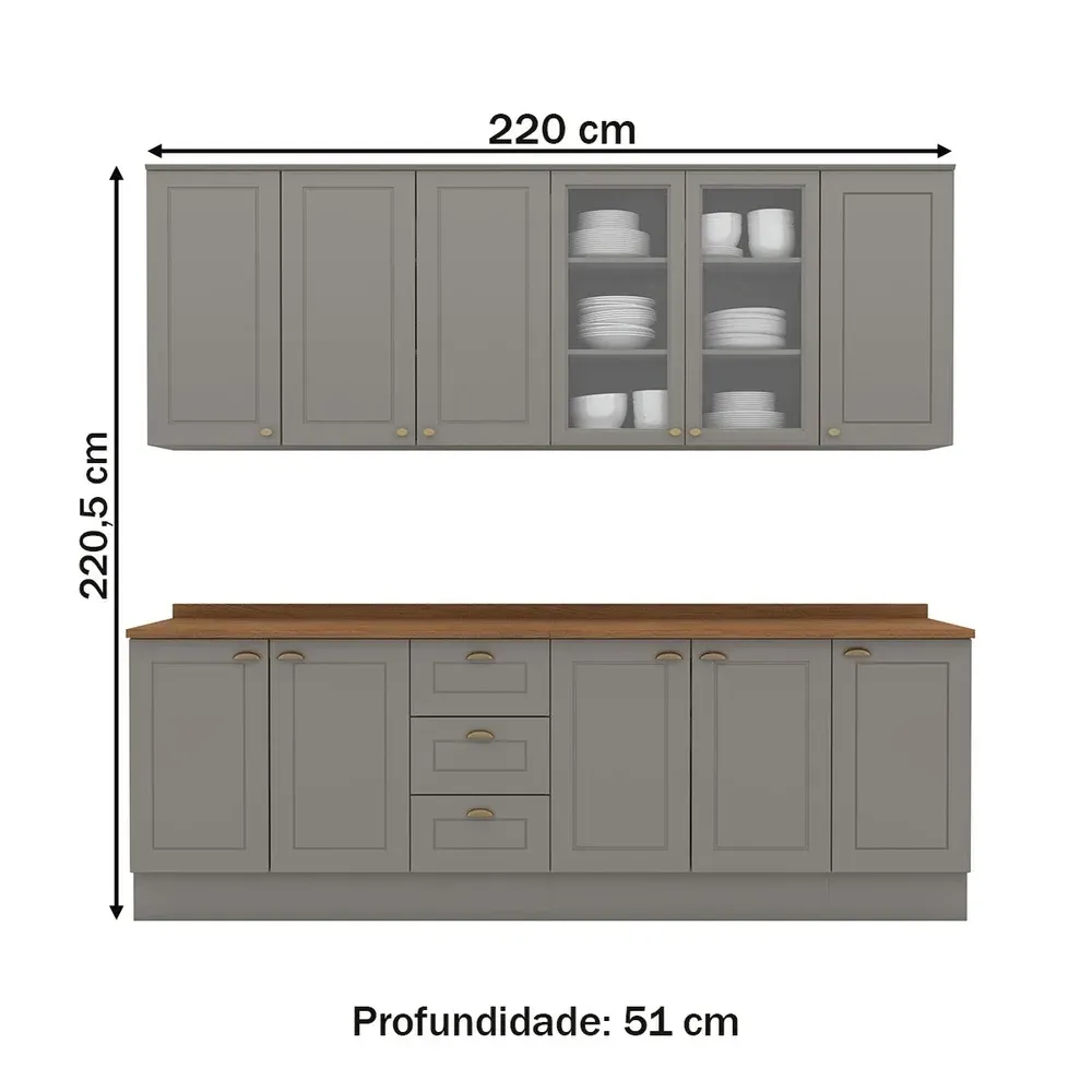 Armário de Cozinha Completa Americana 11 Portas 3 Gavetas com Vidro 100% MDF Cinza - Henn - 3