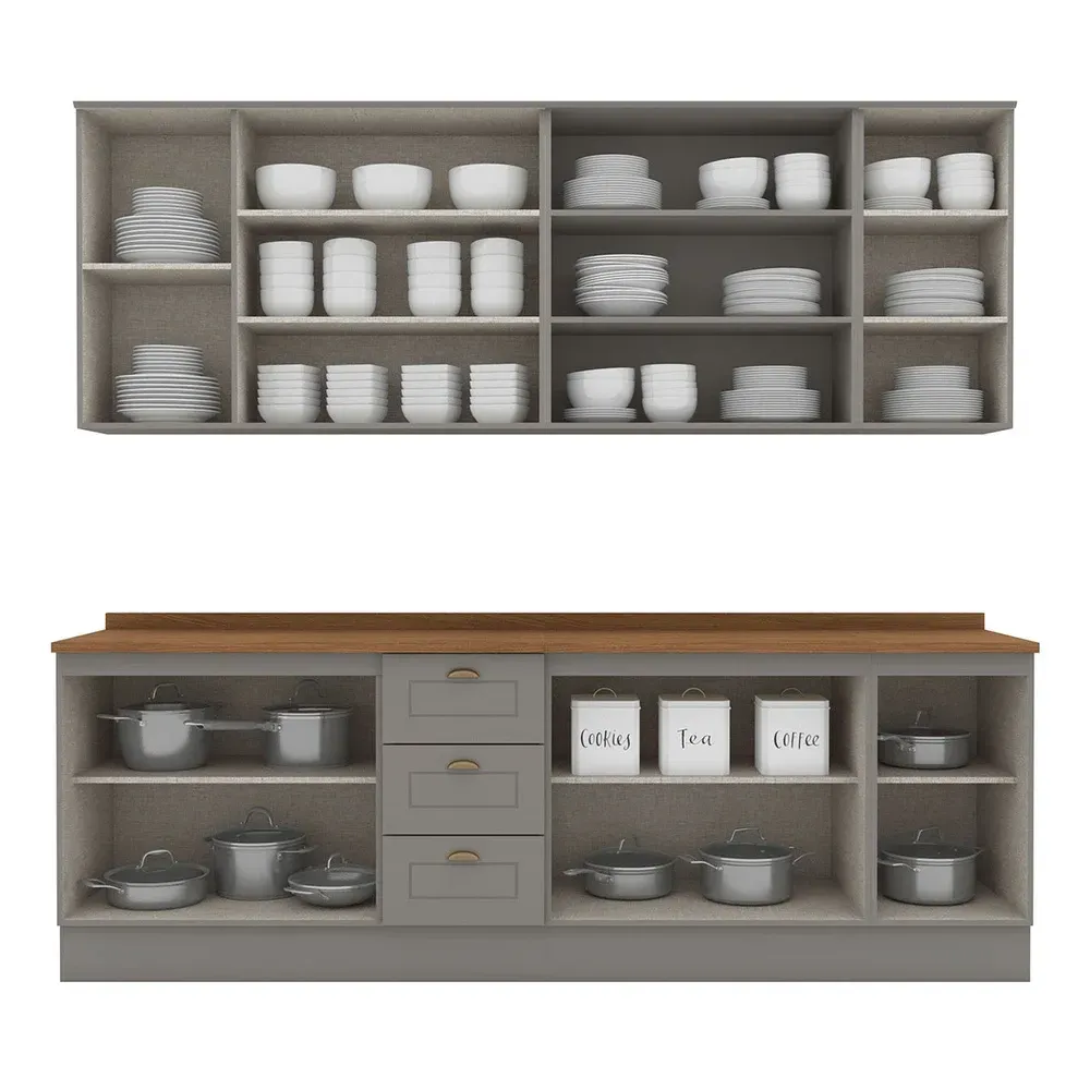 Armário de Cozinha Completa Americana 11 Portas 3 Gavetas com Vidro 100% MDF Cinza - Henn - 2