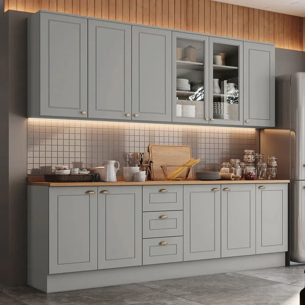 Armário de Cozinha Completa Americana 11 Portas 3 Gavetas com Vidro 100% MDF Cinza - Henn - 1