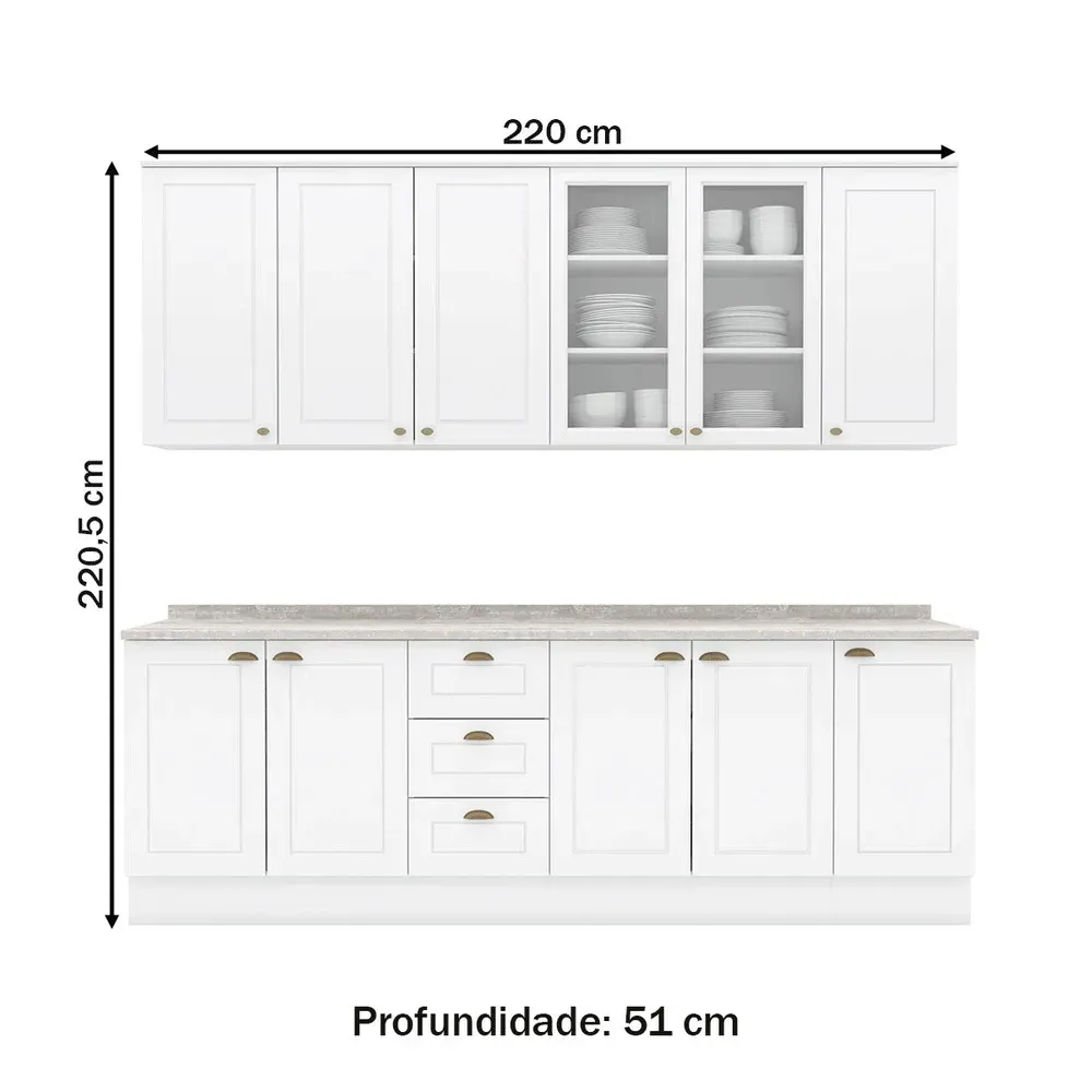 Armário de Cozinha Completa Americana 11 Portas 3 Gavetas com Vidro 100% MDF Branco - Henn - 3