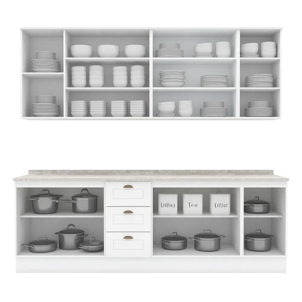 Armário de Cozinha Completa Americana 11 Portas 3 Gavetas com Vidro 100% MDF Branco - Henn - 2