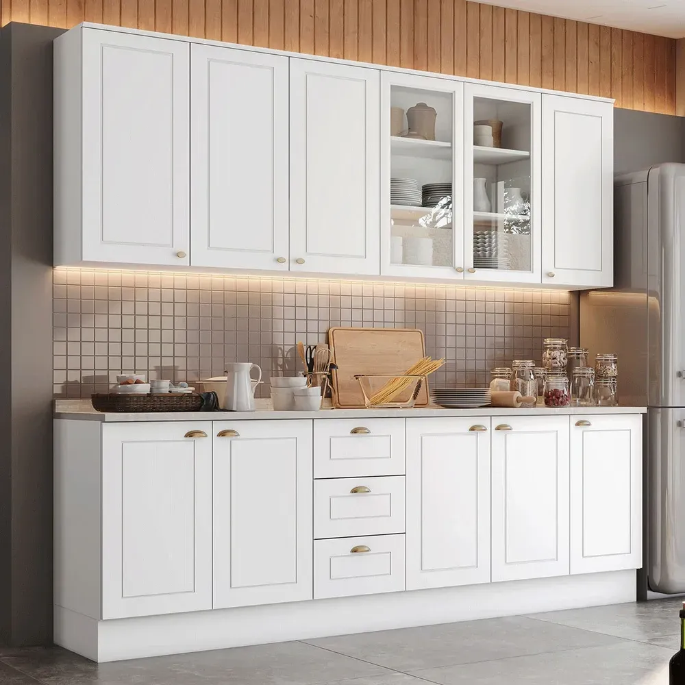 Armário de Cozinha Completa Americana 11 Portas 3 Gavetas com Vidro 100% MDF Branco - Henn - 1