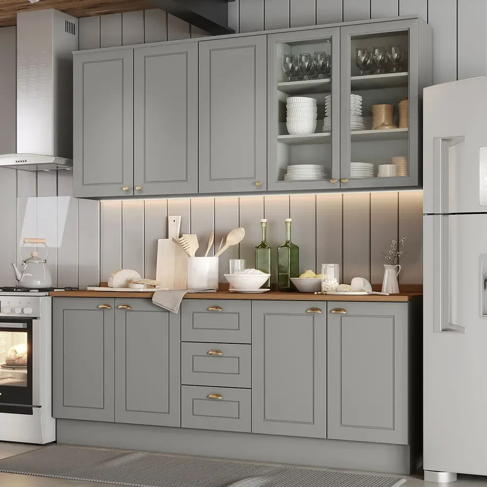 Armário de Cozinha Completa Americana 9 Portas 3 Gavetas com Vidro 100% MDF Cinza - Henn - 1