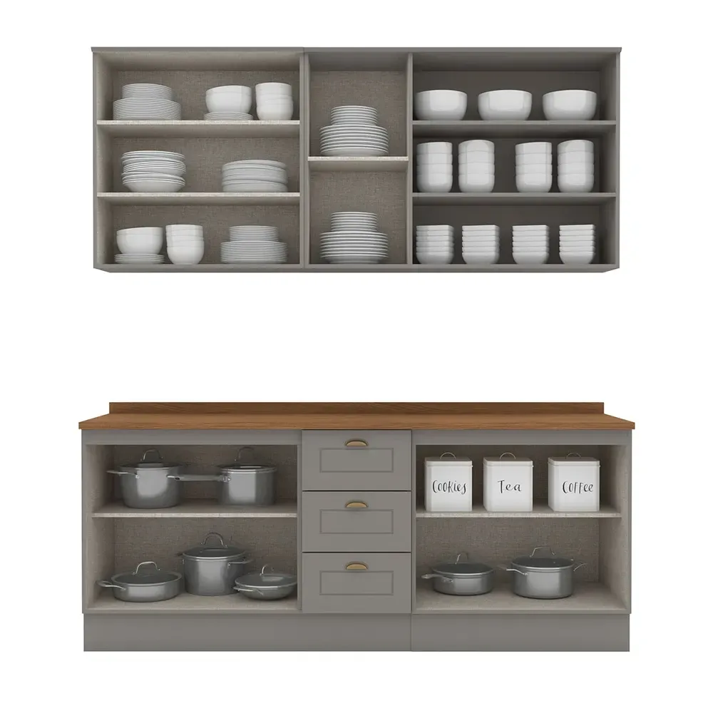 Armário de Cozinha Completa Americana 9 Portas 3 Gavetas com Vidro 100% MDF Cinza - Henn - 2