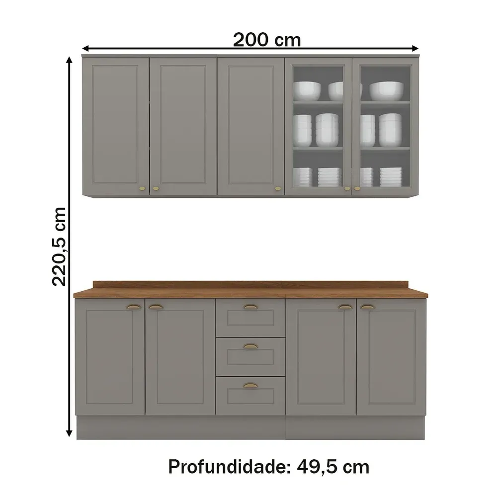 Armário de Cozinha Completa Americana 9 Portas 3 Gavetas com Vidro 100% MDF Cinza - Henn - 3