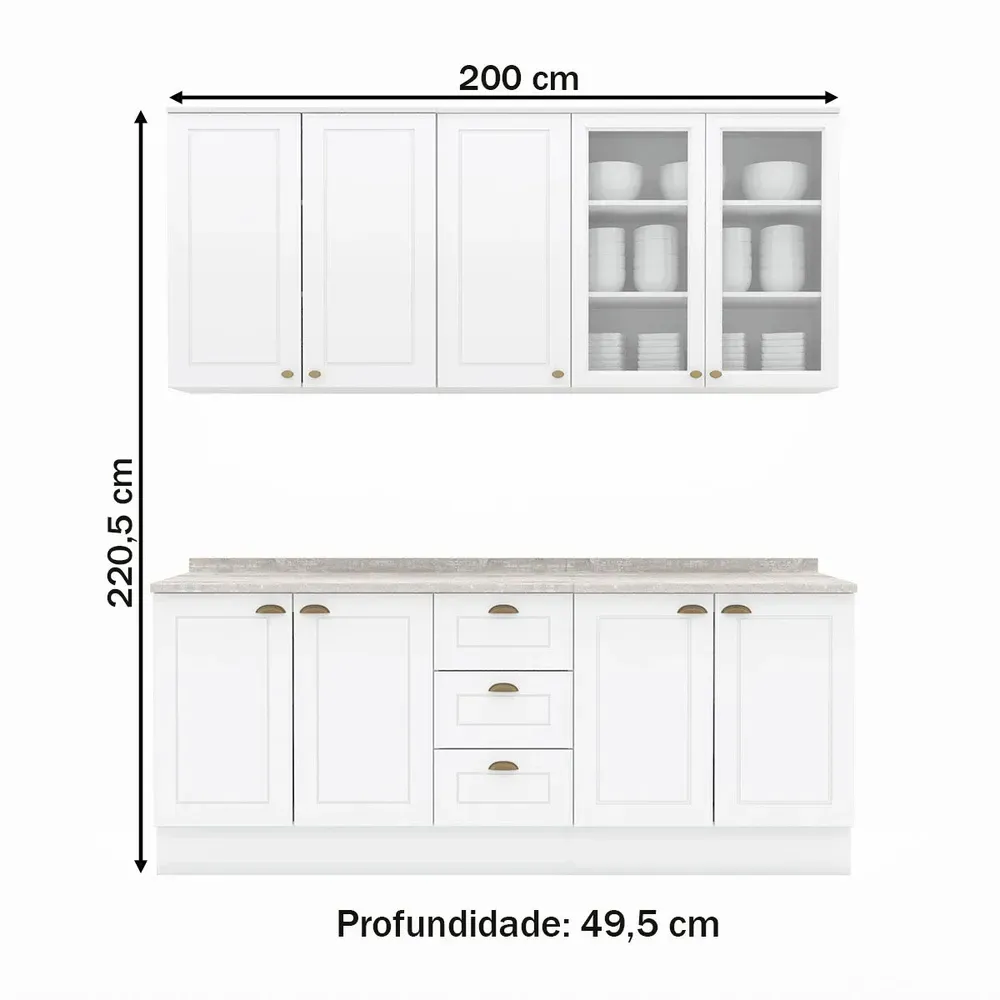 Armário de Cozinha Completa Americana 9 Portas 3 Gavetas com Vidro 100% MDF Branco - Henn - 3