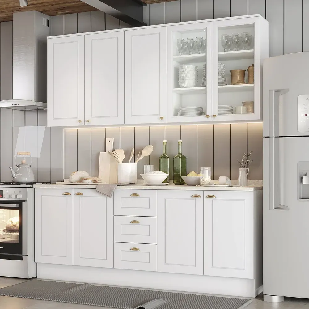 Armário de Cozinha Completa Americana 9 Portas 3 Gavetas com Vidro 100% MDF Branco - Henn - 1