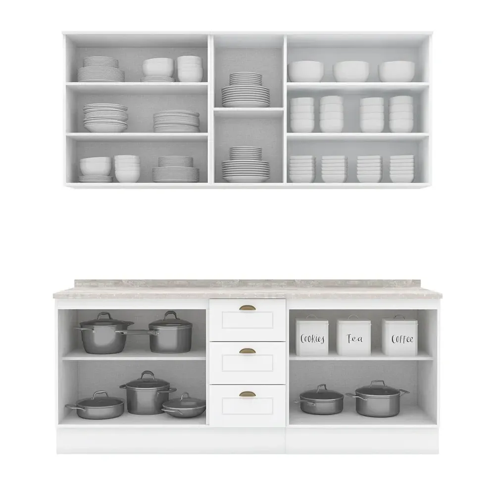 Armário de Cozinha Completa Americana 9 Portas 3 Gavetas com Vidro 100% MDF Branco - Henn - 2