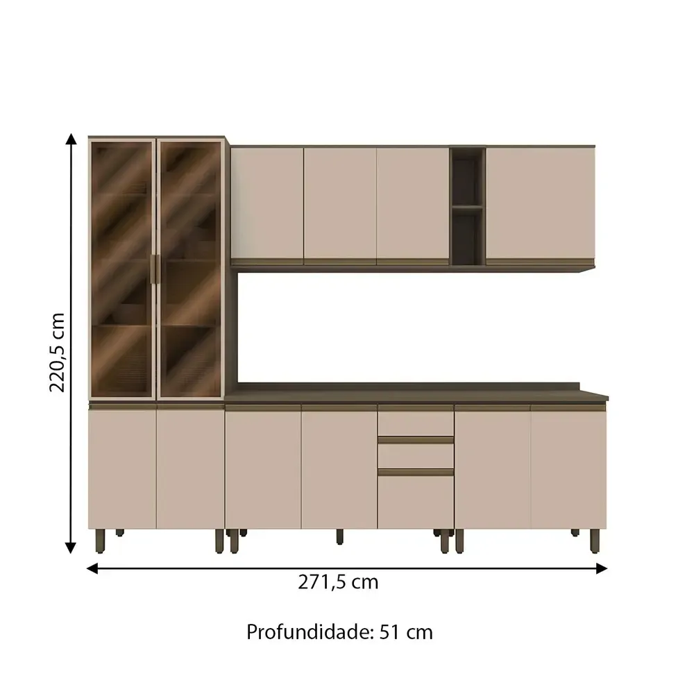 Armário de Cozinha Completa Connect 13 Portas 2 Gavetas com Vidro 100% MDF Duna/Cristal - Henn - 3