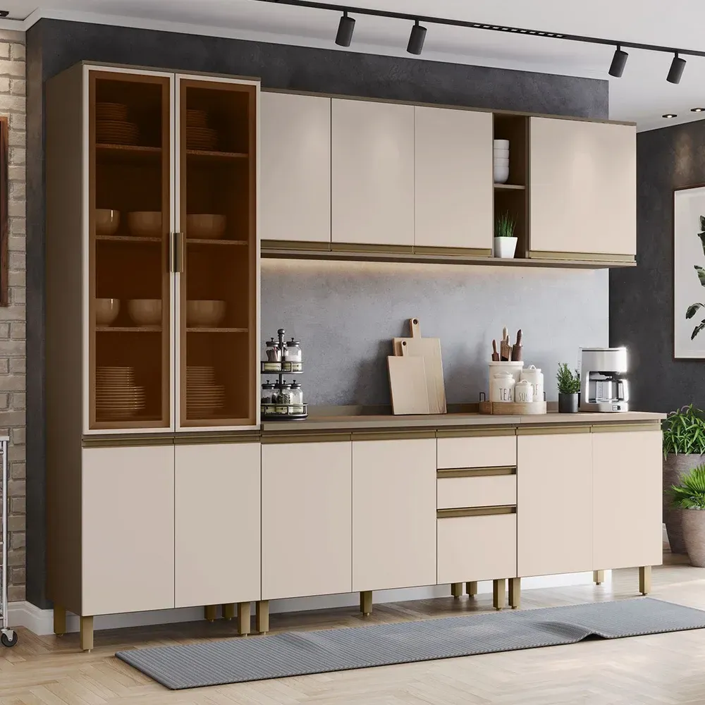 Armário de Cozinha Completa Connect 13 Portas 2 Gavetas com Vidro 100% MDF Duna/Cristal - Henn - 1