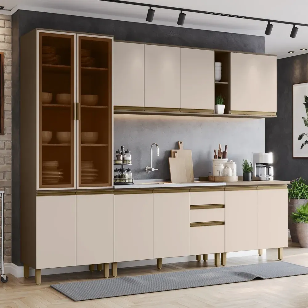 Armário de Cozinha Completa Connect 13 Portas 2 Gavetas 100% MDF Duna/Cristal - Henn - 1