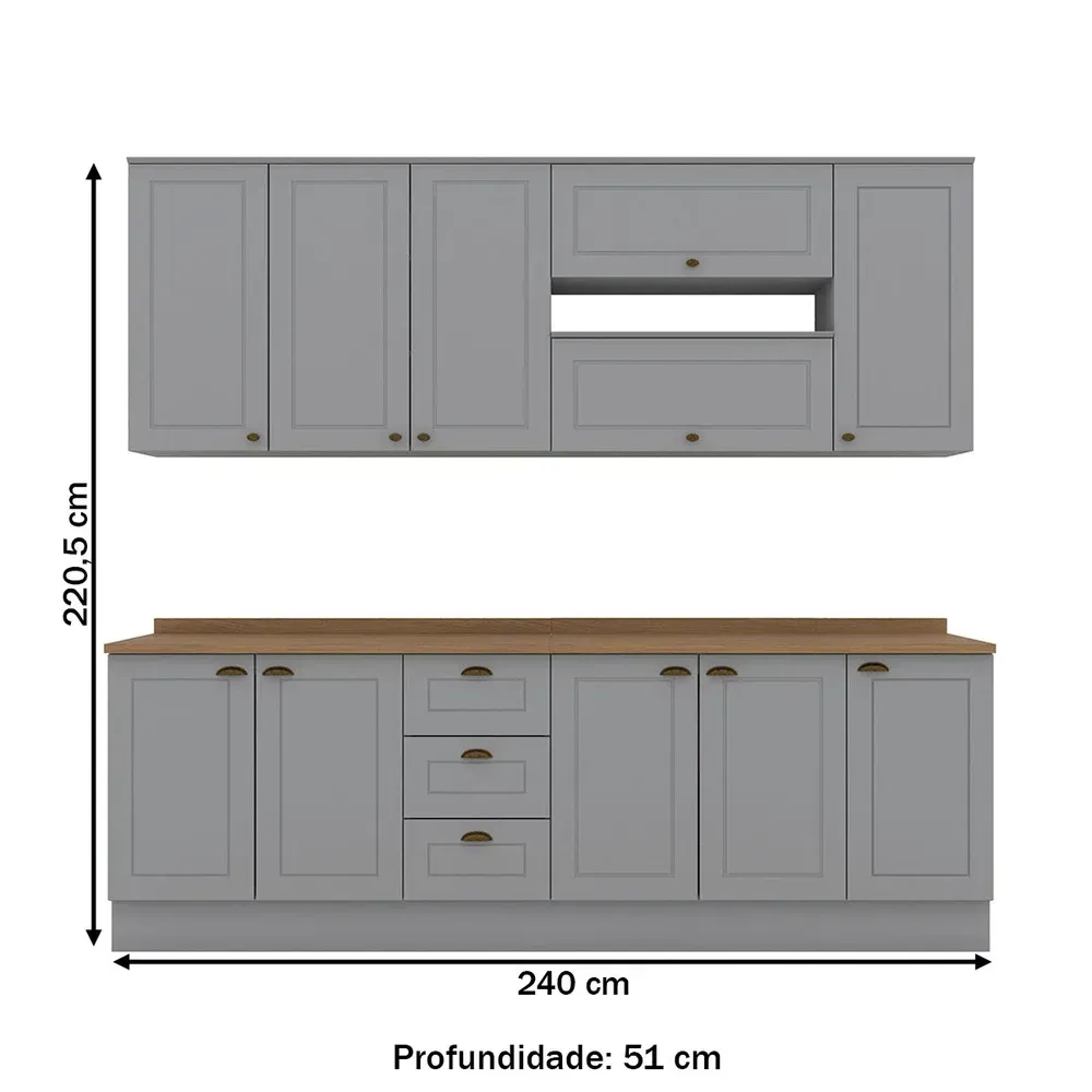 Armário de Cozinha Compacta Americana 11 Portas 3 Gavetas 100% MDF Cinza - Henn - 3