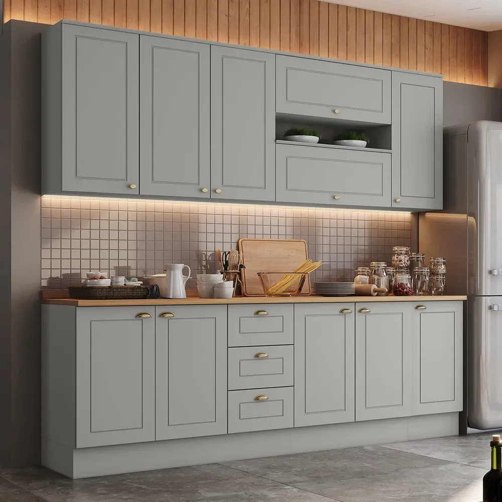 Armário de Cozinha Compacta Americana 11 Portas 3 Gavetas 100% MDF Cinza - Henn - 1