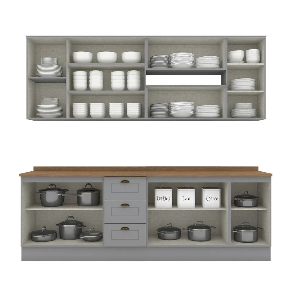 Armário de Cozinha Compacta Americana 11 Portas 3 Gavetas 100% MDF Cinza - Henn - 2
