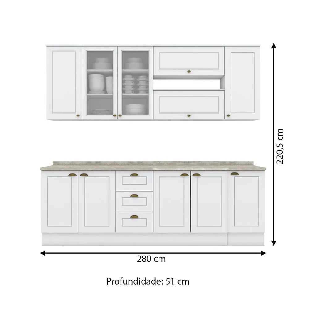 Armário de Cozinha Compacta Americana 11 Portas 3 Gavetas com Vidro Branco - Henn - 3