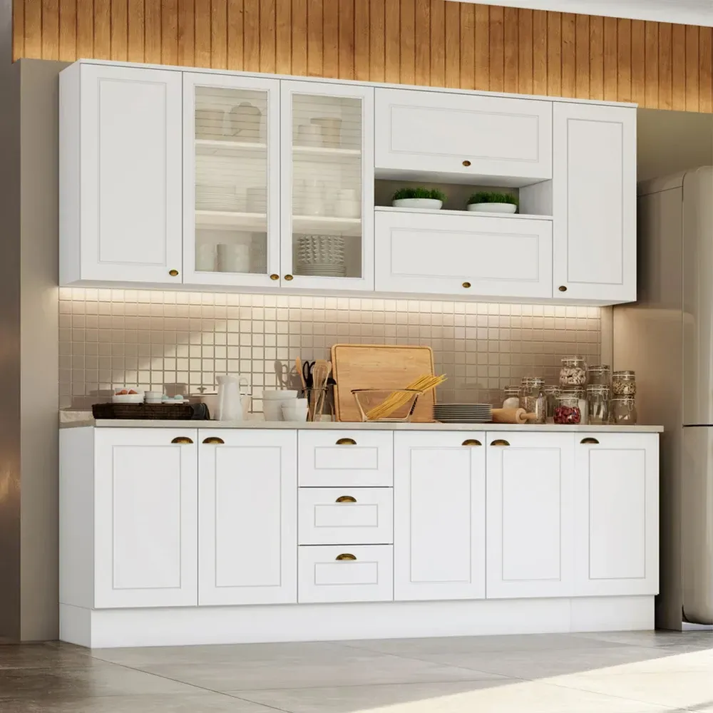 Armário de Cozinha Compacta Americana 11 Portas 3 Gavetas com Vidro Branco - Henn - 1