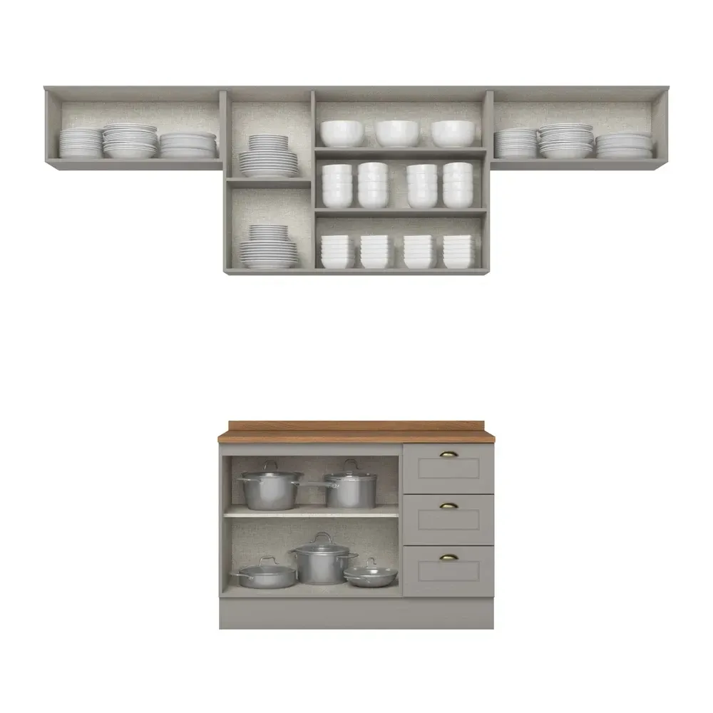 Armário de Cozinha Completa Americana 7 Portas 3 Gavetas com Tampo 100%MDF Cinza/Nature - Henn - 2