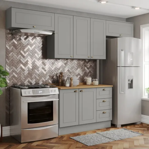 Armário de Cozinha Completa Americana 7 Portas 3 Gavetas com Tampo 100%MDF Cinza/Nature - Henn