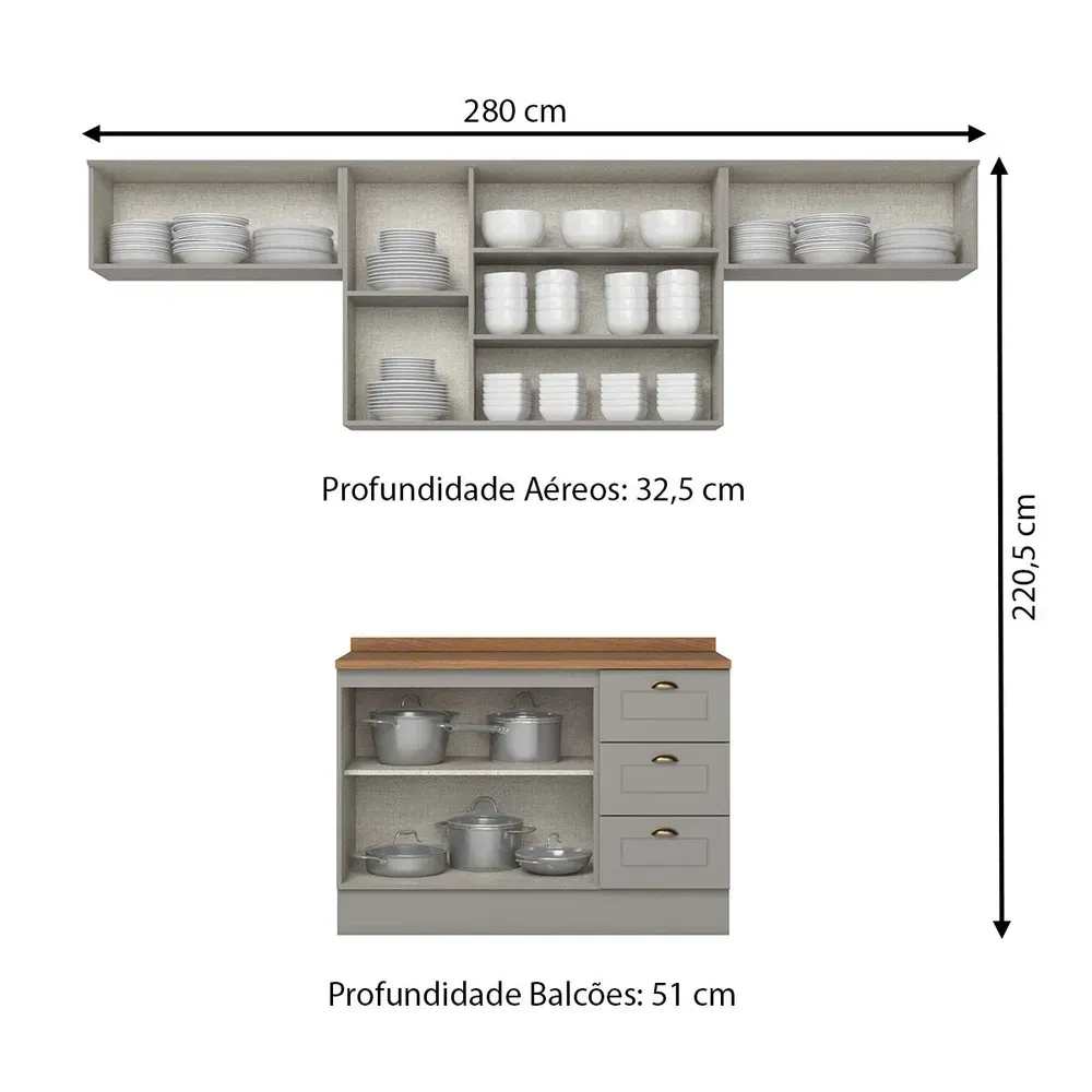 Armário de Cozinha Completa Americana 7 Portas 3 Gavetas com Tampo 100%MDF Cinza/Nature - Henn - 3