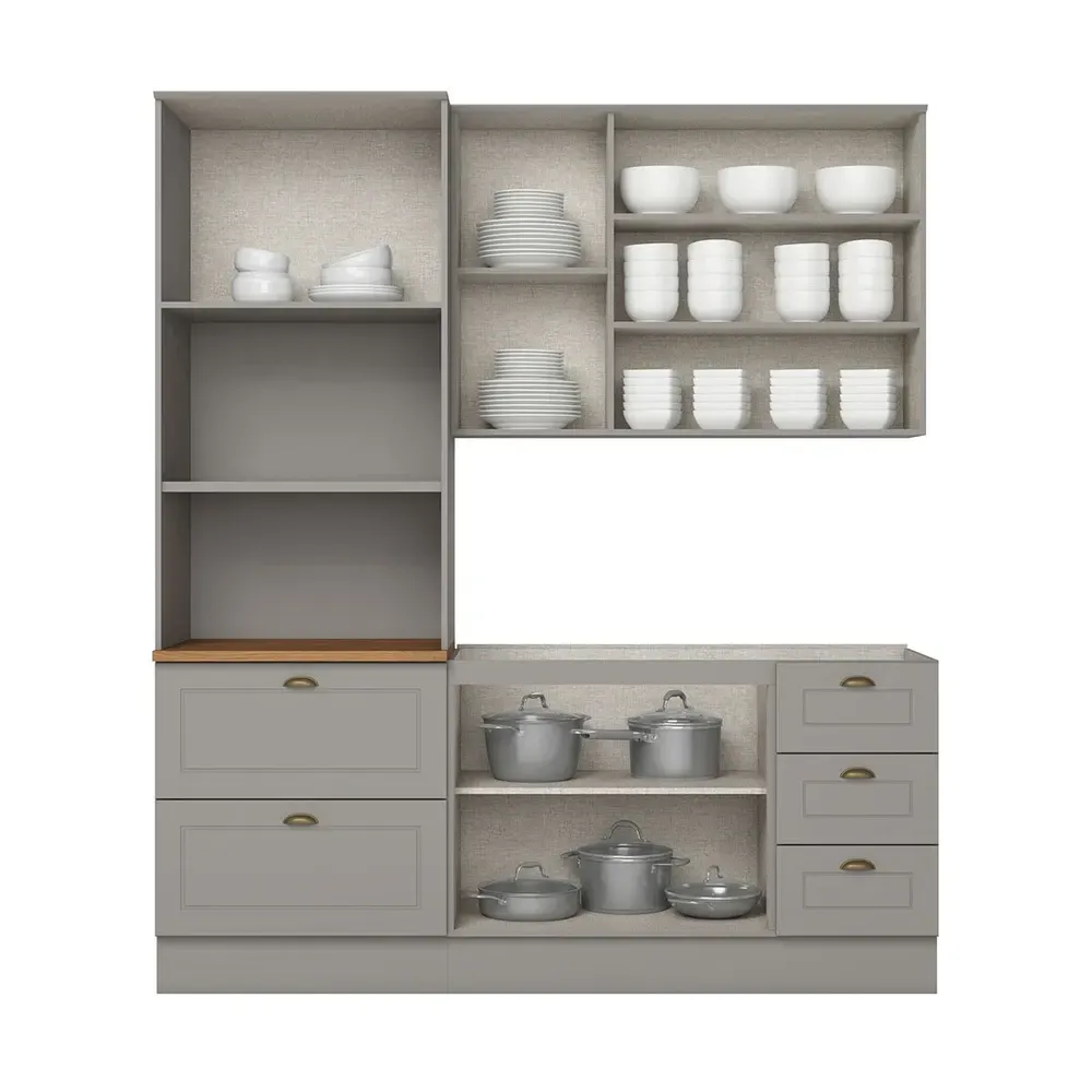 Armário de Cozinha Completa Americana 7 Portas 5 Gavetas 100% MDF Cinza/Nature - Henn - 2