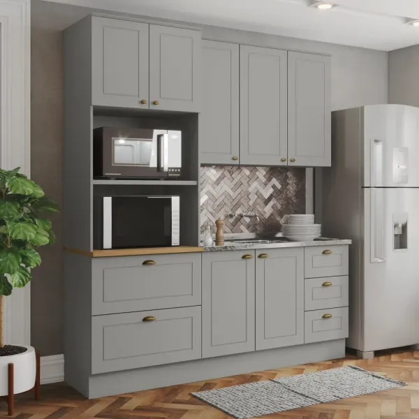 Armário de Cozinha Completa Americana 7 Portas 5 Gavetas 100% MDF Cinza/Nature - Henn